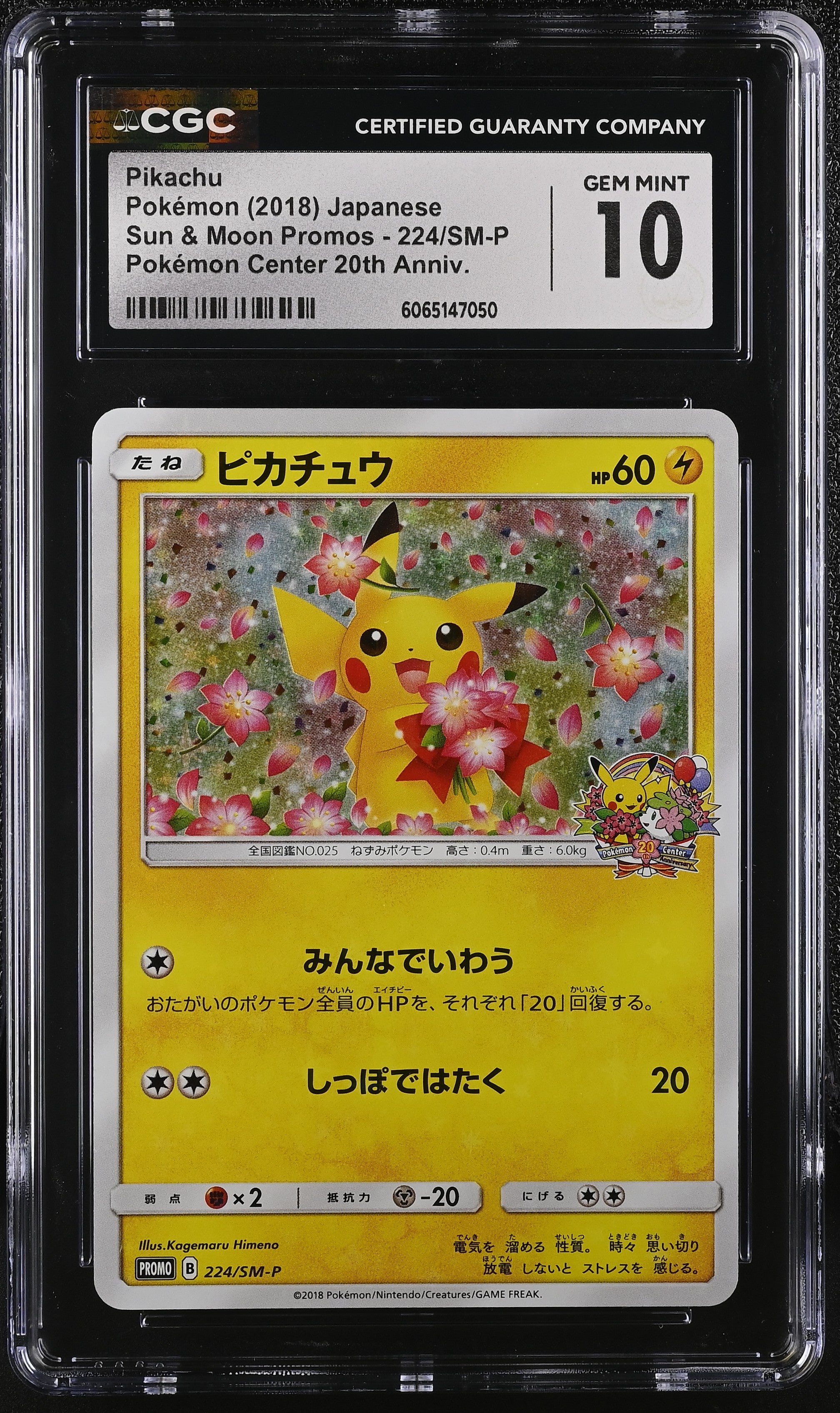 Pikachu 224/SM-P 2018 Pokemon Center 20th Pokemon Japanese CGC 10 Gem Mint