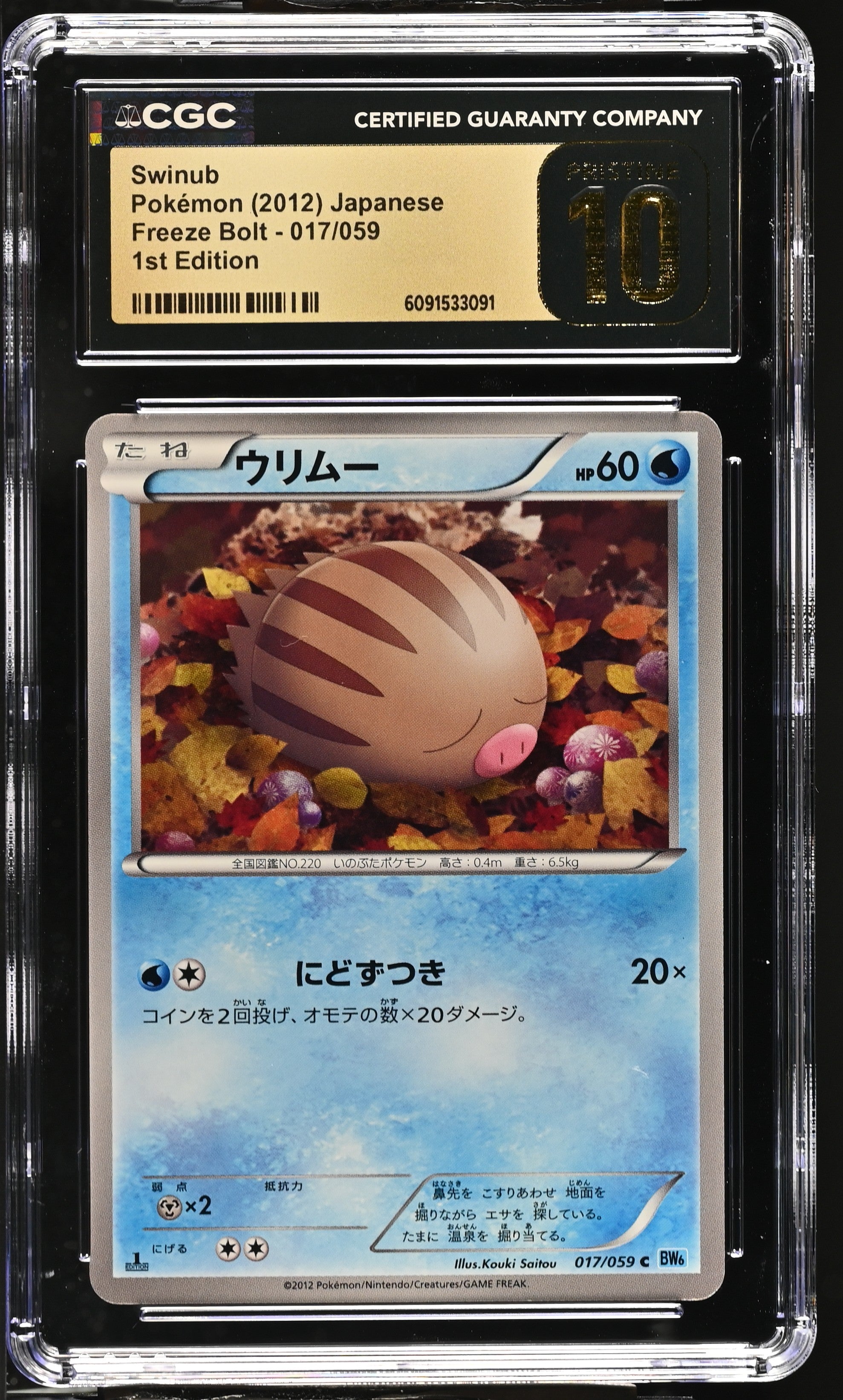 Swinub 017/059 CGC 10 Pristine 2012 1st Edition Freeze Bolt Pokemon Japanese