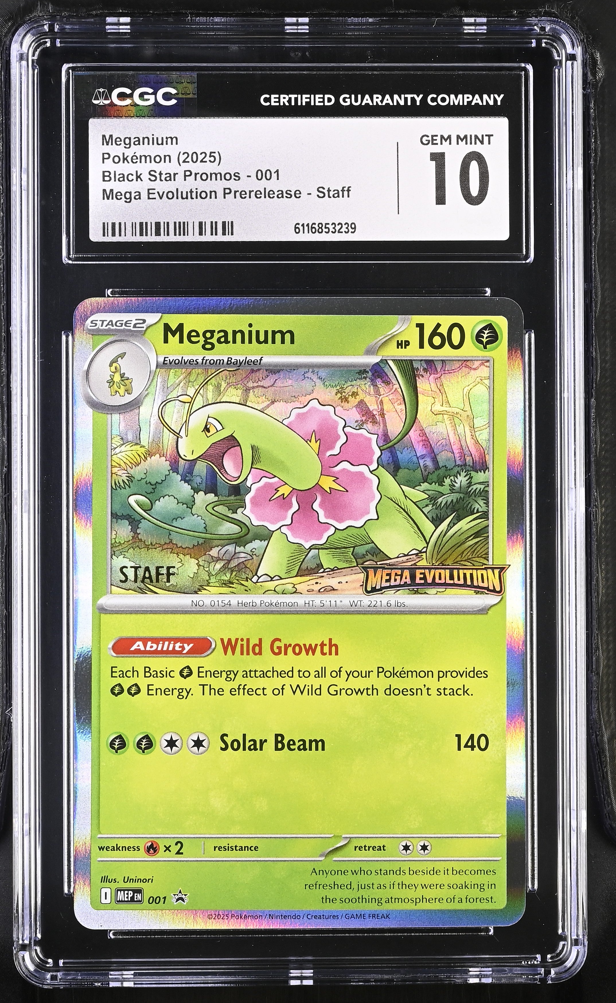 Meganium 001 MEP CGC 10 Gem Mint 2025 Mega Evolution Prerelease Staff Black Star Promos Pokemon English