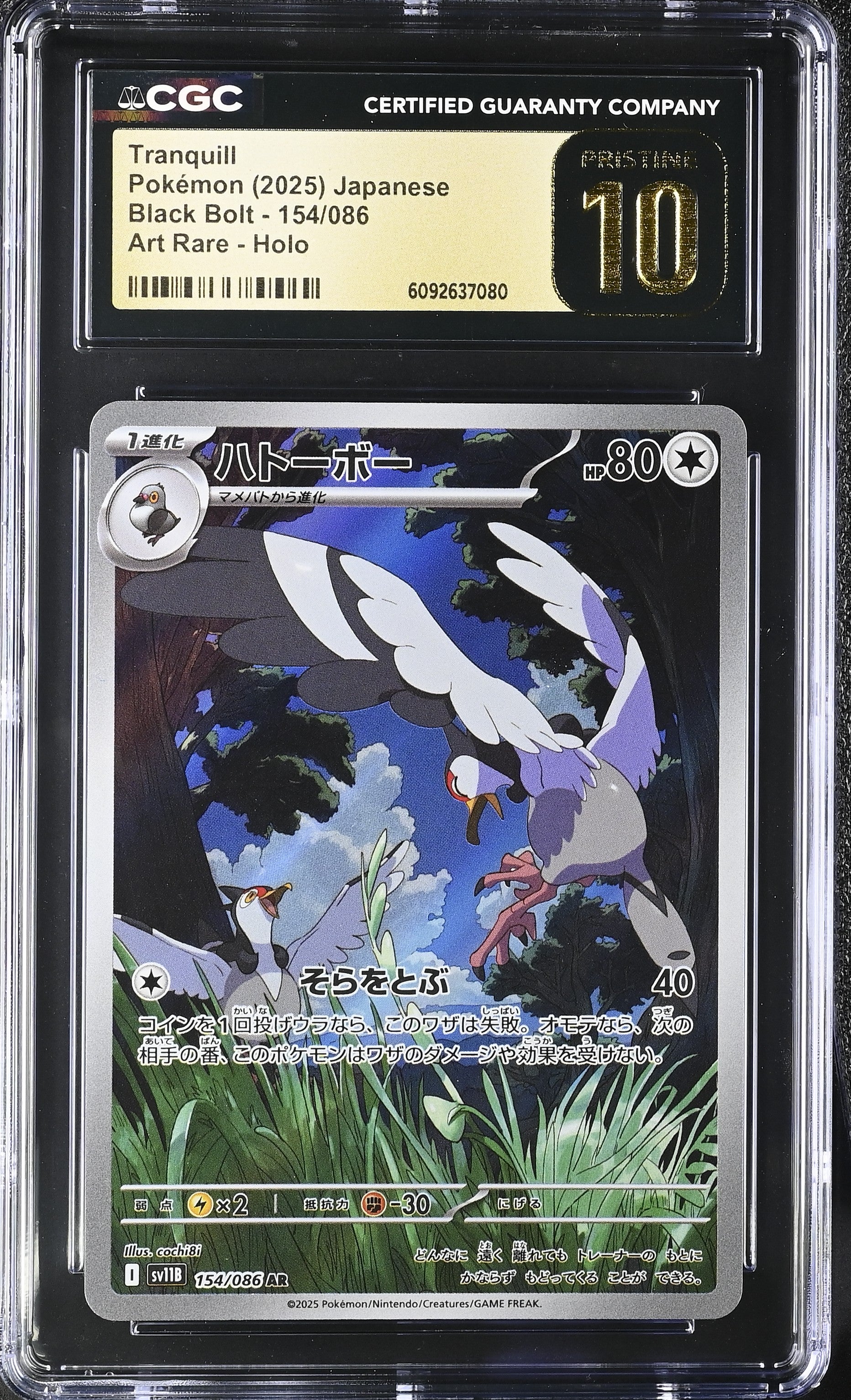 Tranquill 154/086 CGC 10 Pristine 2025 Art Rare Holo Black Bolt Pokemon Japanese
