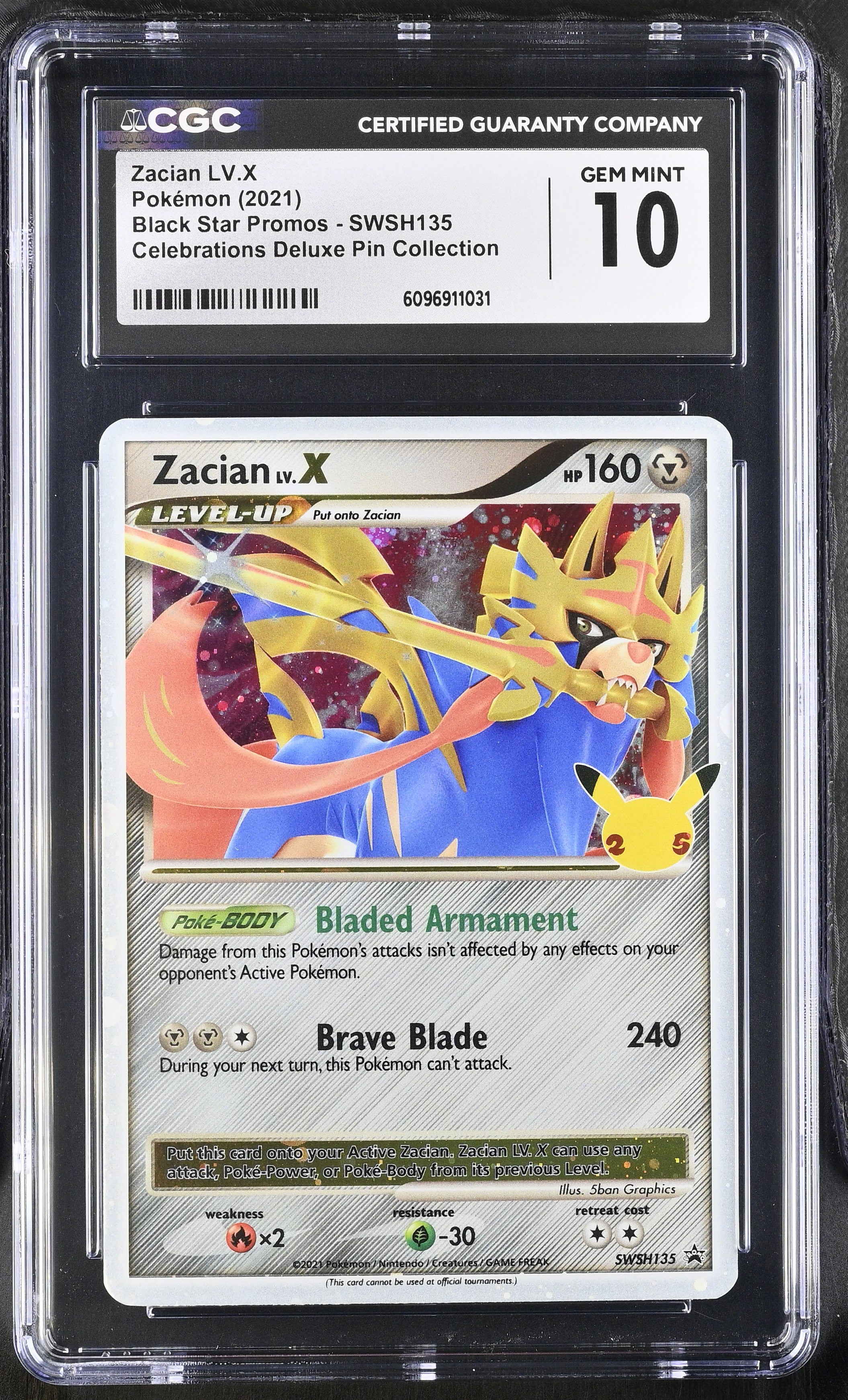 Zacian LV.X SWSH135 CGC 10 Gem Mint 2021 Celebrations Black Star Promo Pokemon English