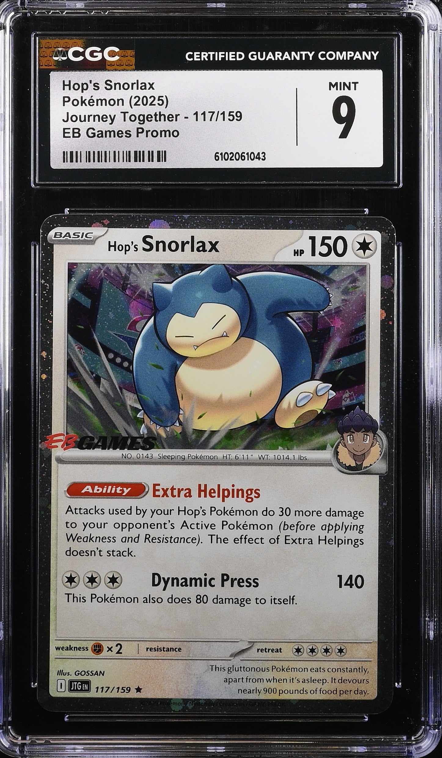 Hop's Snorlax 117/159 CGC 9 Mint 2025 Eb Games Promo Journey Together Pokemon