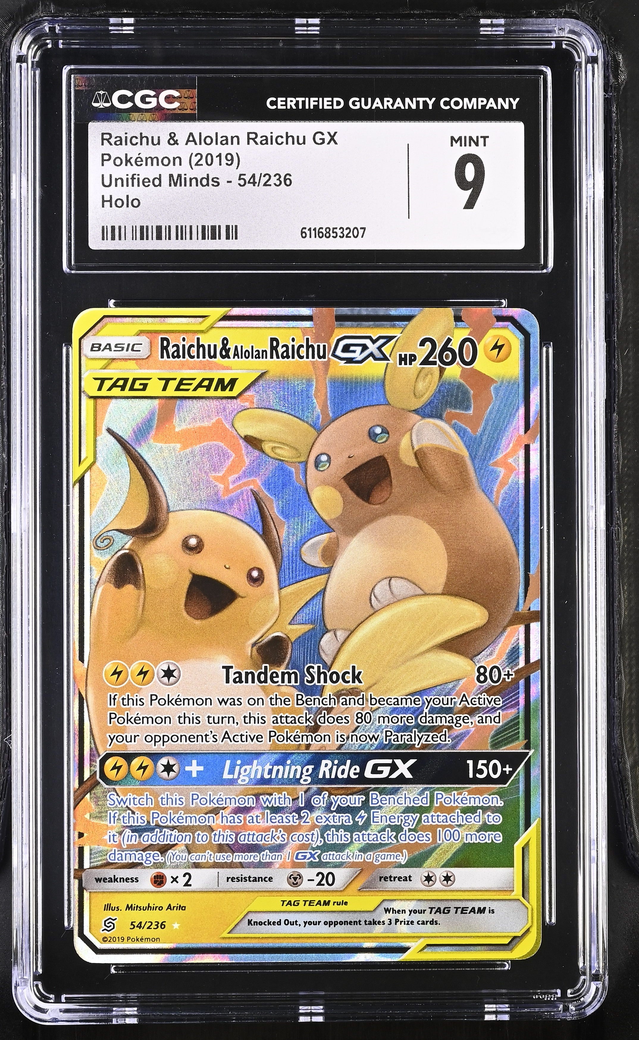Raichu & Alolan Raichu Gx 54/236 CGC 9 Mint 2019 Holo Unified Minds Pokemon