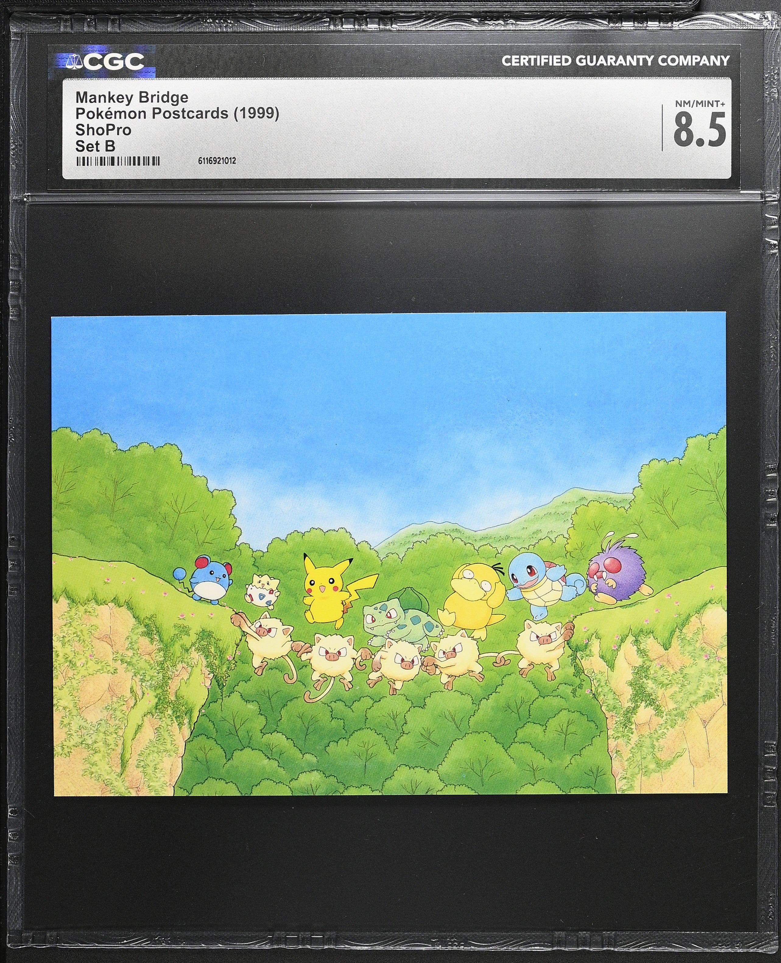 Mankey Bridge Psyduck Pikachu CGC 8.5 1999 Set B Pokemon Postcard Keiko Fukiyama