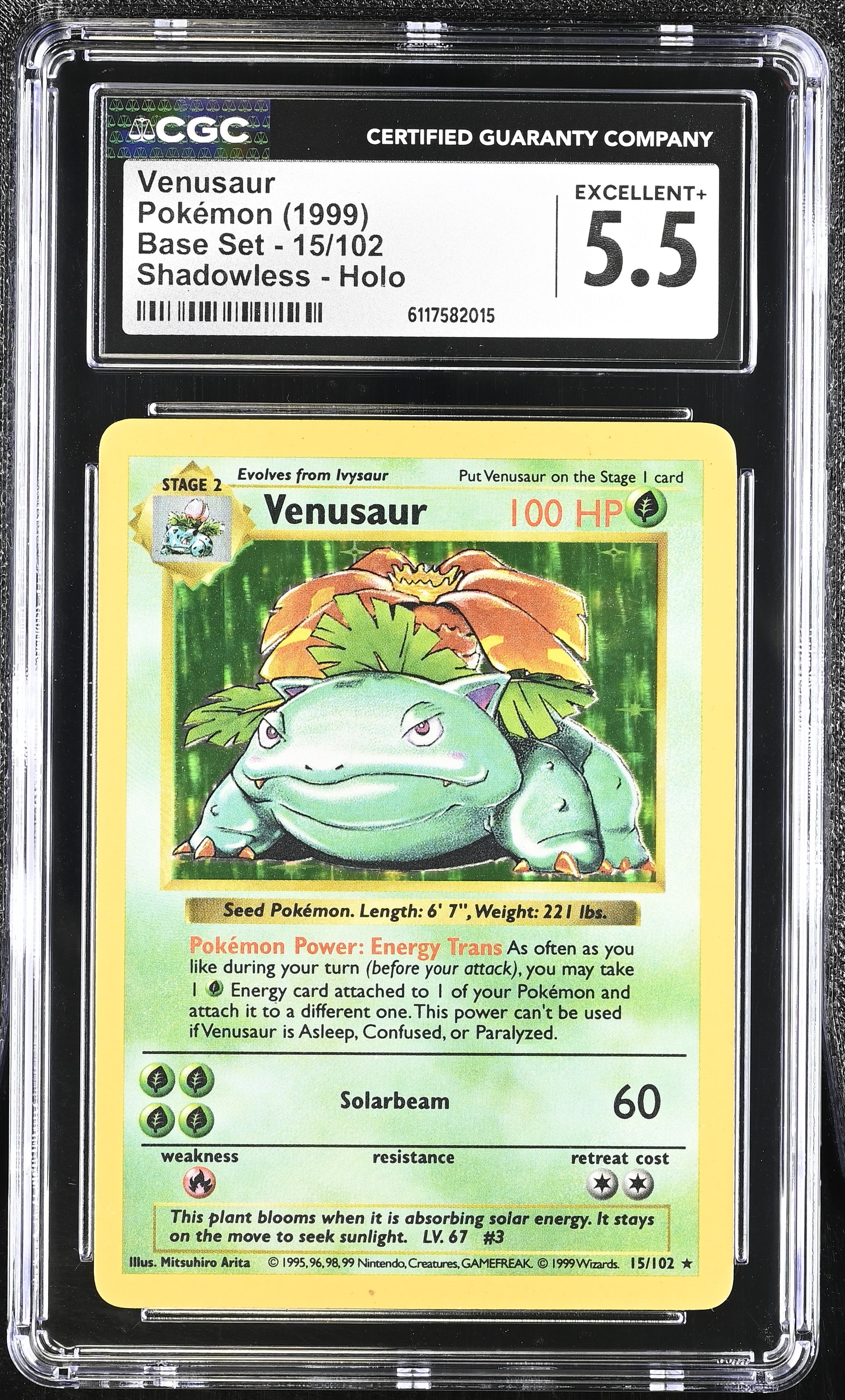Venusaur 15/102 CGC 5.5 Excellent+ 1999 Shadowless Holo Base Set Pokemon