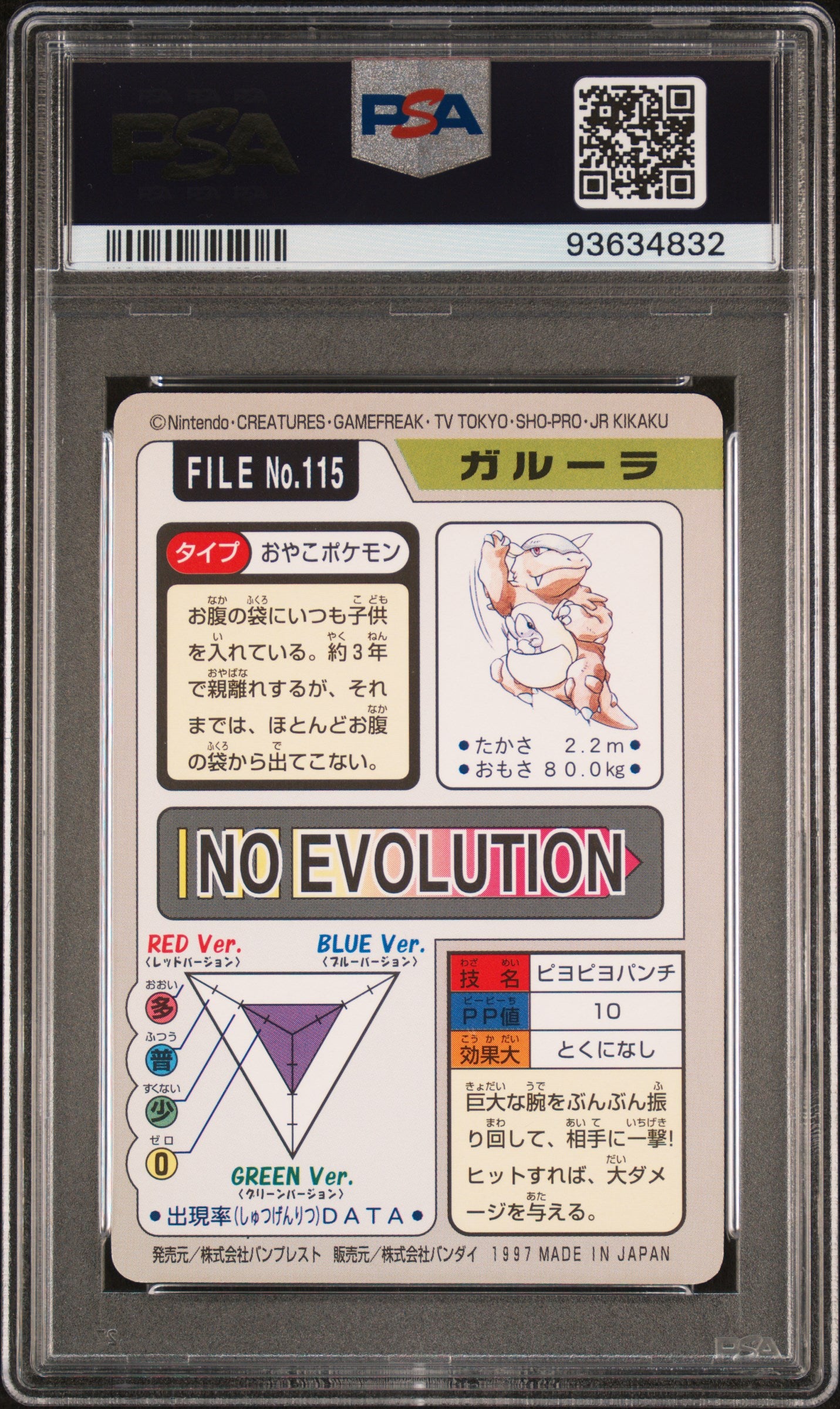KANGASKHAN 115 PSA 9 POCKET MONSTERS CARDDASS 1997 JAPANESE POKEMON