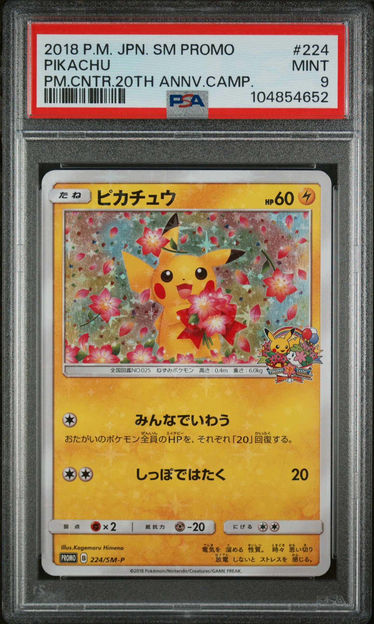 PIKACHU 224/SM-P PSA 9 POKEMON SM PROMO 2018 JAPANESE 20TH ANNIVERSARY