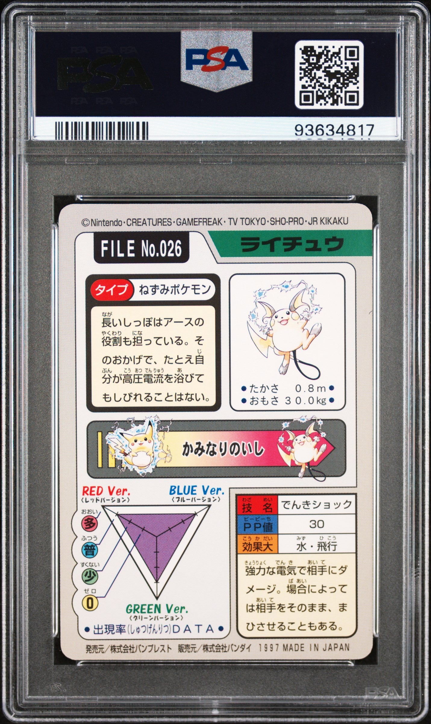 RAICHU 026 PSA 10 POCKET MONSTERS CARDDASS 1997 CARDDASS JAPANESE POKEMON