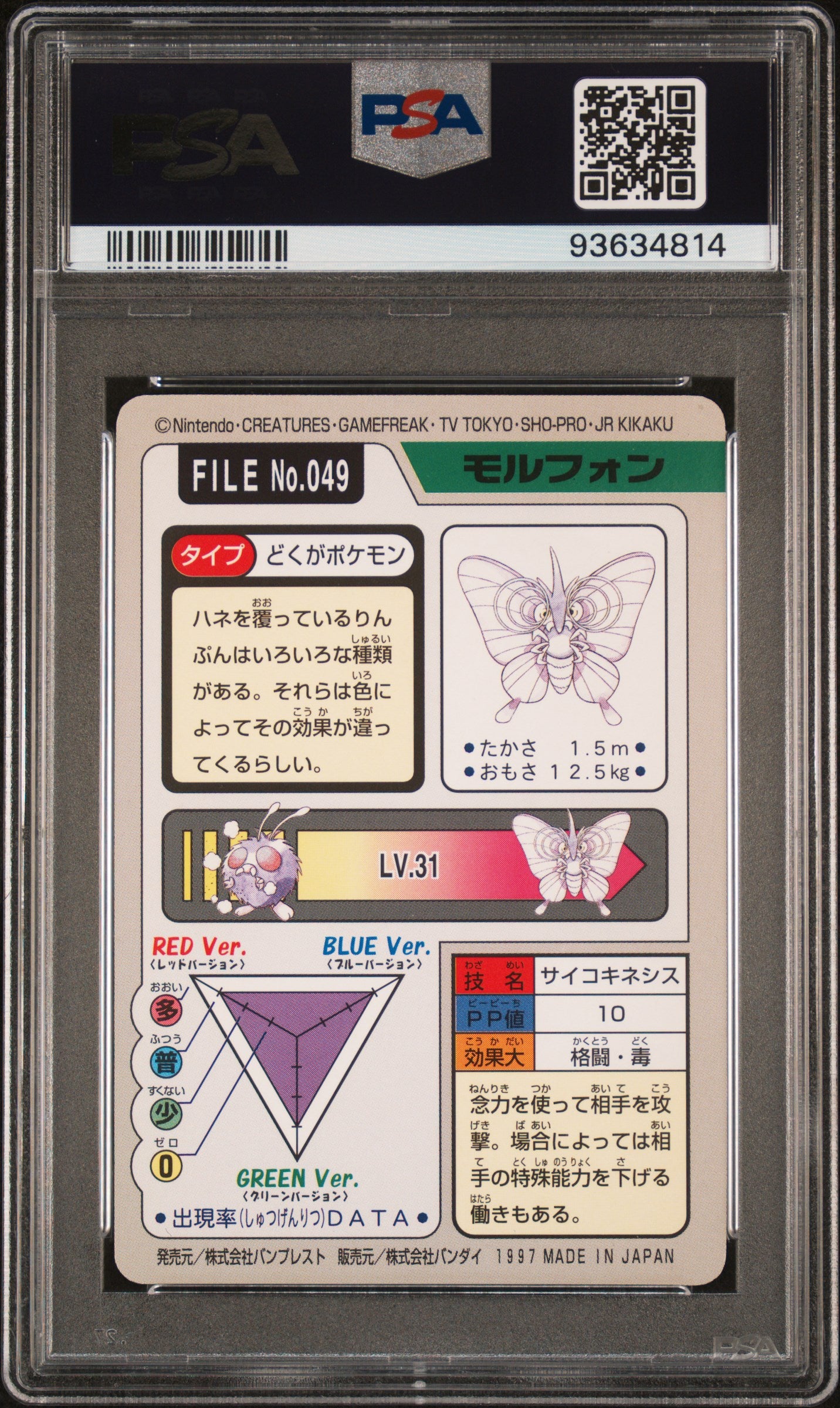 VENOMOTH 049 PSA 9 POCKET MONSTERS CARDDASS 1997 JAPANESE POKEMON