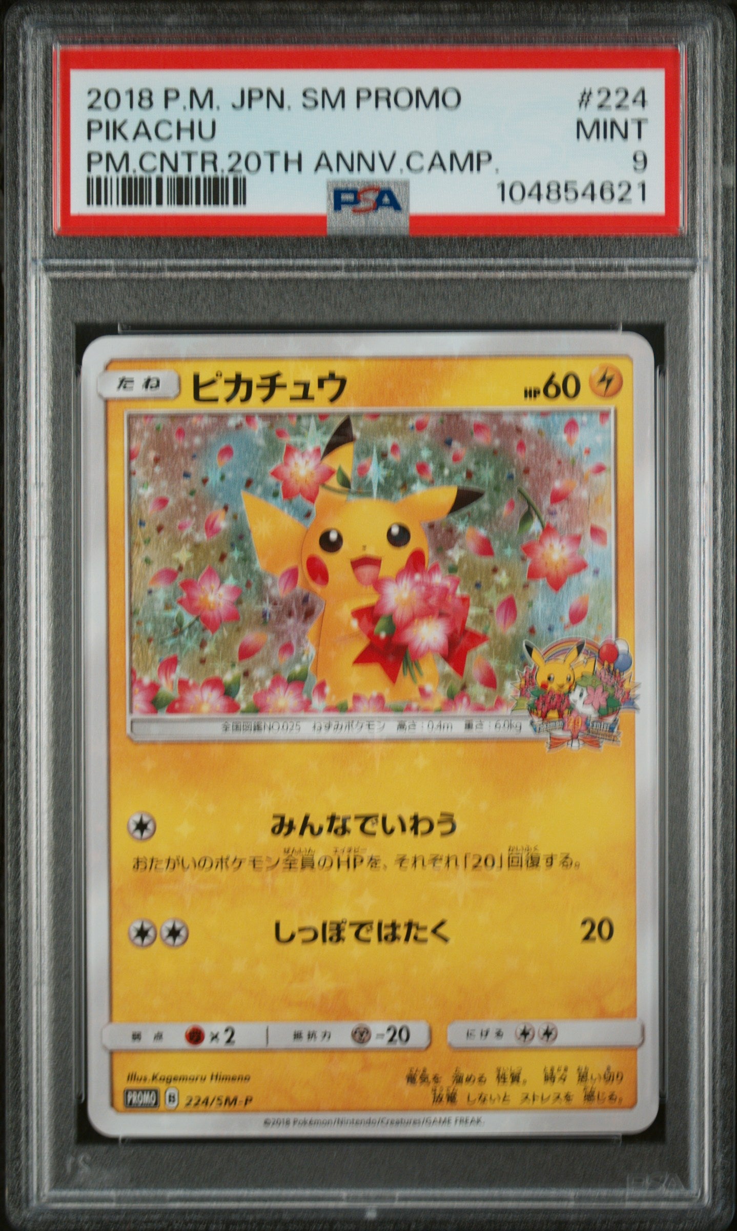 PIKACHU 224/SM-P PSA 9 POKEMON SM PROMO 2018 JAPANESE 20TH ANNIVERSARY